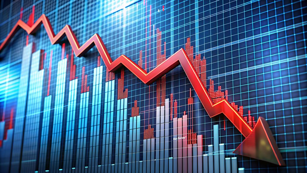 A large red arrow points downwards over a gridded financial chart showing a sharp decline in value, with the bars of the chart going from high to low.